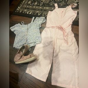 Striped Pink Jumpsuit with Floral Top and Pink Shoes